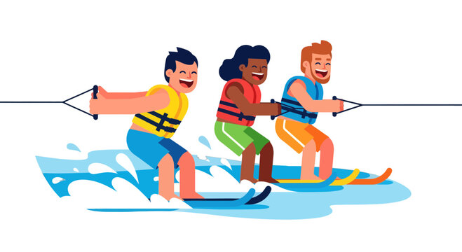 Thrilling Waterskiing Adventure: A Trio Enjoying Sunshine, Fun, and Aquatic Sports