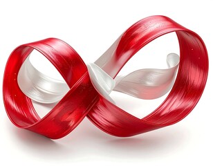 Glossy, abstract infinity symbol with flowing, intertwined red and white ribbons on white