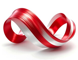 Glossy abstract ribbon, red and white, twisted in a flowing infinity symbol, isolated on white