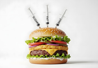 Hamburger with syringe labeled sugar salt and fat representing unhealthy fast food concept