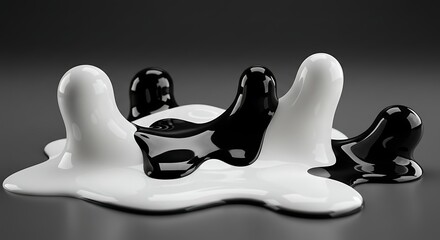 Glossy, abstract shapes in black and white, merging on a sleek, dark surface