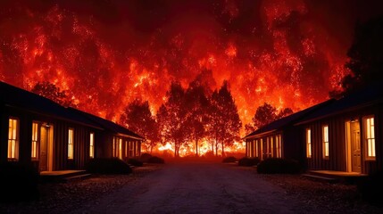 Residential houses consumed by intense wildfire concept. A dramatic wildfire engulfing a forest near rural cabins.