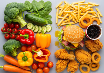 Healthy versus unhealthy food comparison with vegetables and fast food items