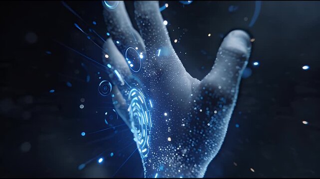 A futuristic digital animation showing a human hand interacting with a holographic user interface made of glowing particles