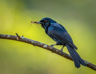 Glossy black bird perched on a branch, holding a spider in its beak, against a green background