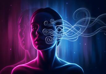 Neon illuminated female portrait with swirling energy filaments blue and pink glow digital art