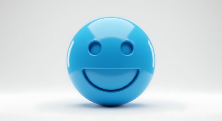 Glossy, blue 3D rendering of a smiling emoji, featuring eyes and a curved mouth