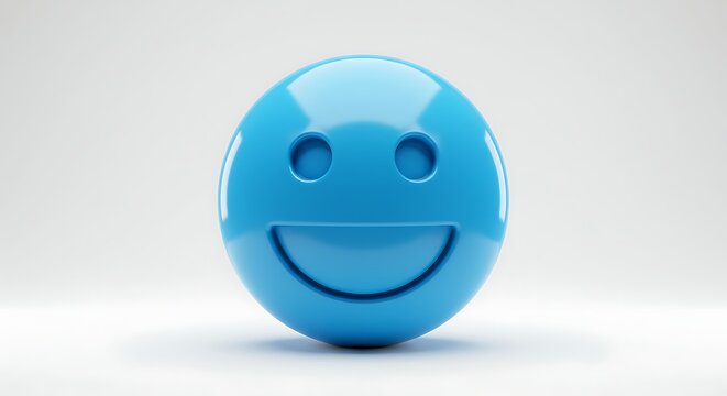 Glossy, blue 3D rendering of a smiling emoji, featuring eyes and a curved mouth - Powered by Adobe