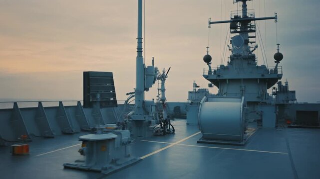 Powerful military warship sailing into the sunset with advanced radar technology, a symbol of strength, security, and global naval power in action