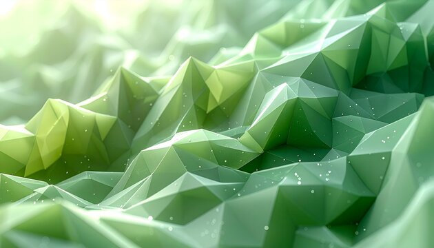 Abstract low-poly landscape of faceted translucent green peaks, lit from above, bokeh