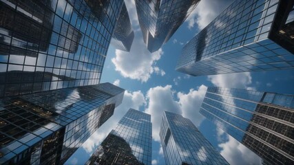Modern glass skyscrapers reflecting blue sky and clouds, worm's eye view, urban architecture, business district - Powered by Adobe