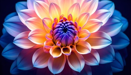 A close-up of a vibrant, multi-colored dahlia bloom with layered petals against dark background
