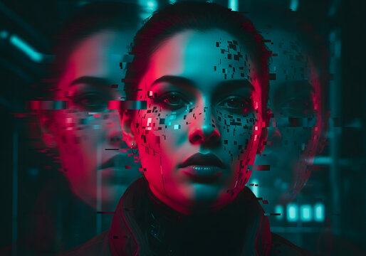 Portrait of a futuristic cyberpunk woman with neon blue pink glow and glitch distortion