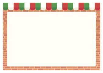 A4サイズ横CMYKメニュー表台紙、イタリアンカラーのオーニングと明るい色のレンガ壁背景