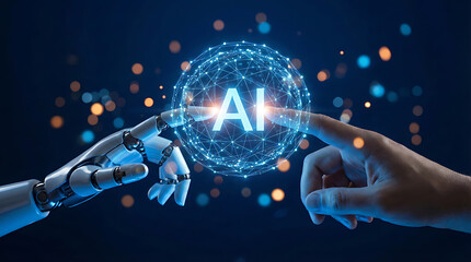 Human and AI robot hands touch a glowing sphere of interconnected data, symbolizing the future of technology, automation, and innovation with artificial intelligence leading the way