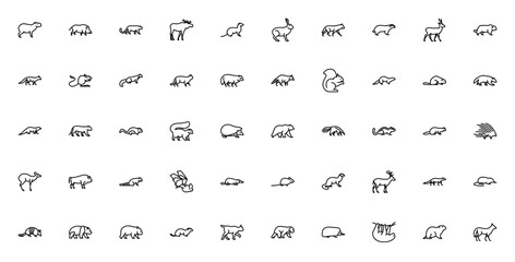 Forest animals icon set. Vector wildlife collection eaturing capybara, boar, sow leopard, fox, bear, wol, deer, squirrel, raccoon,panda, and more.