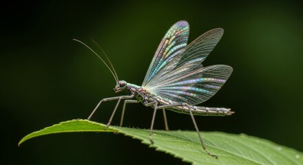 Obraz premium Adult dobsonfly resting on a green leaf