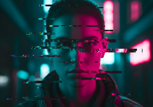 Portrait of a young person with neon glitch art effect under blue and pink lighting