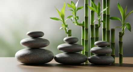 Obraz premium Balanced zen stones with bamboo shoots on wooden surface