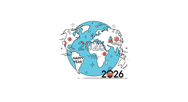 Vibrant World Globe Illustration Celebrating the New Year 2026, Ideal for Global Greetings, Event Announcements, and Holiday-themed Marketing Campaigns