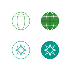 Flat Colored Globe and Compass Icon Set in Outline and Solid Style for Global Navigation and Directional Guide