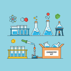 Explore a chemistry kit filled with beakers, test tubes, and a Bunsen burner ready for scientific experiments, creating a modern and engaging science-themed visual