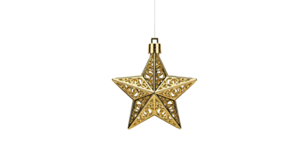 An elegant golden star-shaped Christmas ornament with a detailed and intricate filigree design hangs delicately, symbolizing a luxurious and festive holiday celebration