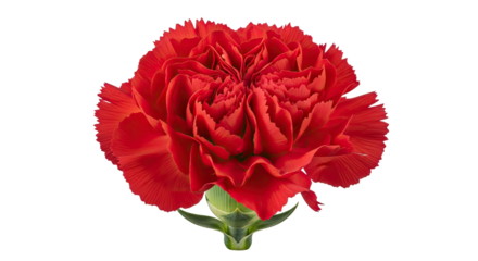 Stunning close-up of a single vibrant red carnation flower in full bloom, showcasing its intricate ruffled petals with delicate serrated edges and a fresh green stem