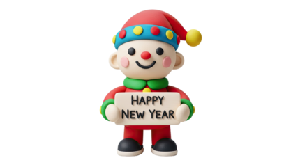 A cheerful claymation character in a colorful festive hat and outfit holds a sign with a Happy New Year greeting, celebrating the holiday season with a joyful smile