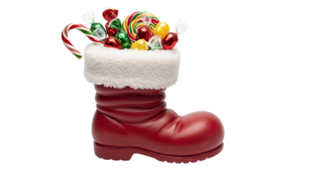 An overflowing red boot with a plush white cuff holds a delightful collection of holiday sweets, featuring a vibrant lollipop, shiny wrapped candies, and a candy cane