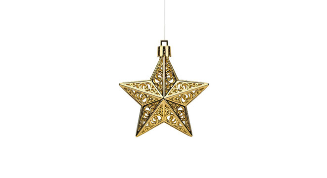 An elegant golden star-shaped Christmas ornament with a detailed and intricate filigree design hangs delicately, symbolizing a luxurious and festive holiday celebration - Powered by Adobe