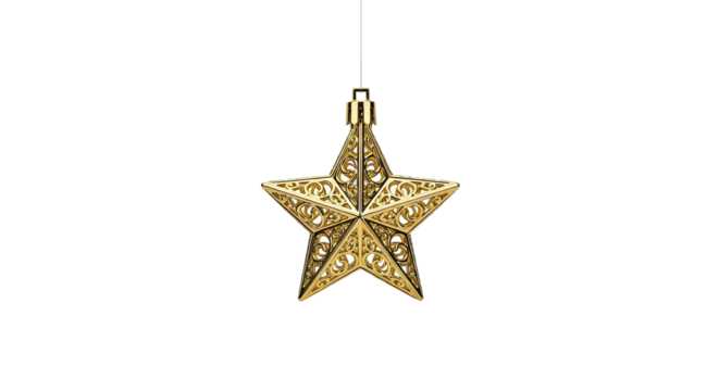 An elegant golden star-shaped Christmas ornament with a detailed and intricate filigree design hangs delicately, symbolizing a luxurious and festive holiday celebration