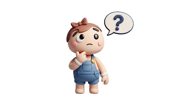 A charming plasticine-style 3D character of a curious child with a bow in its hair, thoughtfully holding its chin while a large question mark appears in a speech bubble