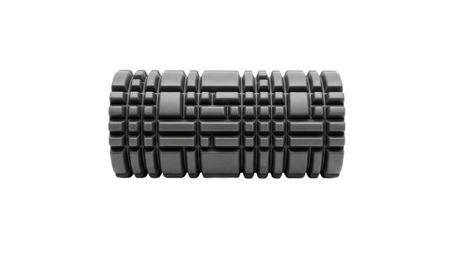 A dark grey textured foam roller for muscle massage and physical therapy, shown horizontally with a modern, minimalist aesthetic and clean, even studio lighting
