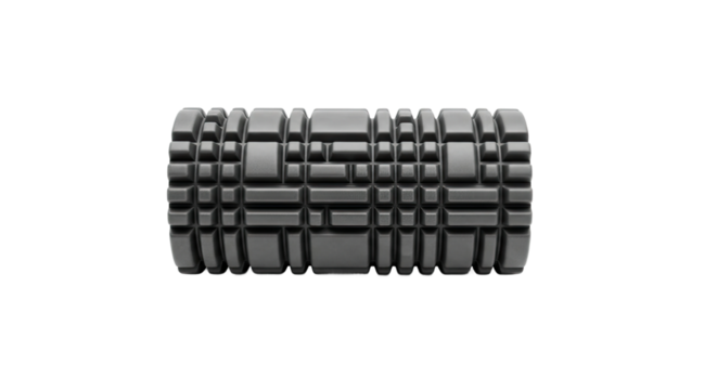 A dark grey textured foam roller for muscle massage and physical therapy, shown horizontally with a modern, minimalist aesthetic and clean, even studio lighting