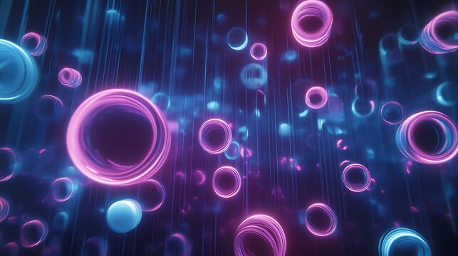 Abstract background features vibrant glowing pink and blue neon rings in a futuristic dark space. Ideal for technology, data, or digital concepts