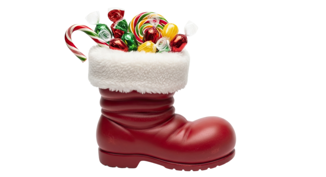 An overflowing red boot with a plush white cuff holds a delightful collection of holiday sweets, featuring a vibrant lollipop, shiny wrapped candies, and a candy cane