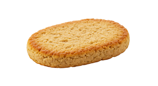 A single freshly baked oval shortbread cookie with a delicious crumbly texture and golden brown edges, shown in a detailed close-up studio shot
