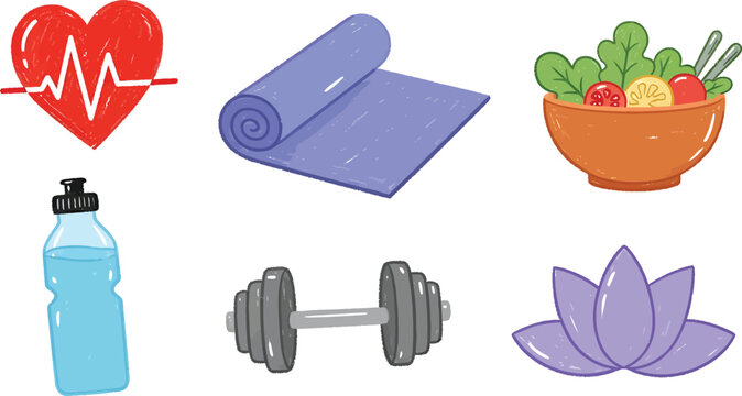 A set of hand-drawn icons representing a healthy lifestyle, including exercise, diet, and wellness symbols.
