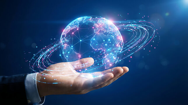 Global business in your hands with modern technology connecting the world, innovative solution for international business and globalization. Data networks and digital transformation, future