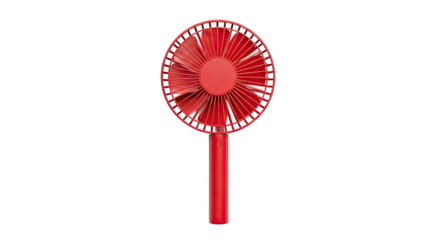 A vibrant red portable handheld electric mini fan with a sleek modern design, shown from a direct front view perspective in a minimalist studio product shot