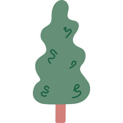 Stylized Green Evergreen Tree With Pink Trunk and Abstract Squiggles On Transparent Background