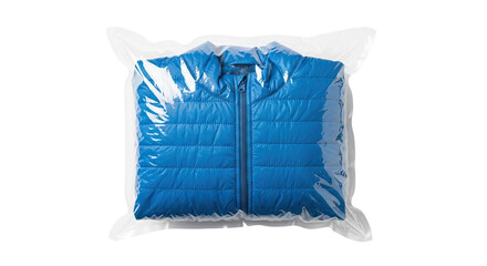 A lightweight blue sleeveless puffer vest is vacuum packed in a transparent plastic bag for compact storage, protecting the garment and saving space for travel or home organization