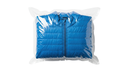 A lightweight blue sleeveless puffer vest is vacuum packed in a transparent plastic bag for compact storage, protecting the garment and saving space for travel or home organization