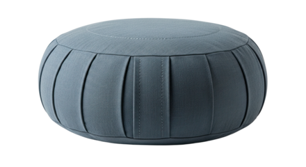 A serene, round meditation cushion in a dusty blue fabric with elegant pleats and detailed stitching, used for yoga, mindfulness, and comfortable floor seating