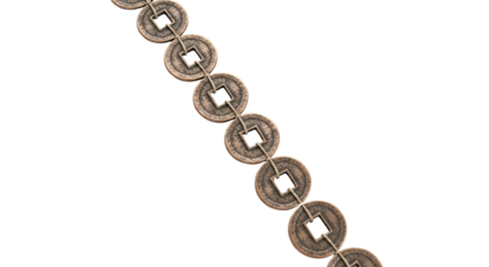 A diagonal line of ancient Asian good luck coins with square holes, strung together with a simple cord, showcasing their textured, weathered bronze surface in a minimalist composition
