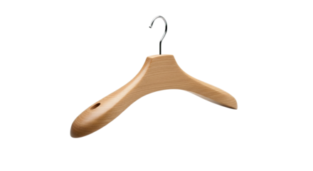 An elegant wooden coat hanger with a polished chrome hook, featuring a smooth, minimalist design and wide shoulders for supporting garments, shown in a studio setting