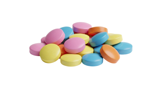 A small pile of multicolored round pills in pastel shades of pink, yellow, blue, and orange, representing concepts of medicine, vitamins, or healthcare supplements