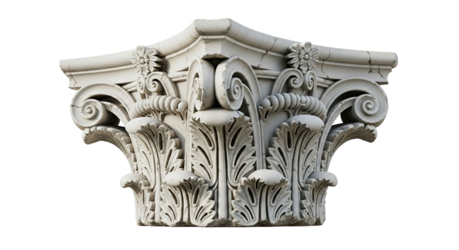 Ornate classical column capital carved from aged white stone, featuring detailed acanthus leaves, elegant volutes, and floral rosettes with visible cracks and weathering - Powered by Adobe