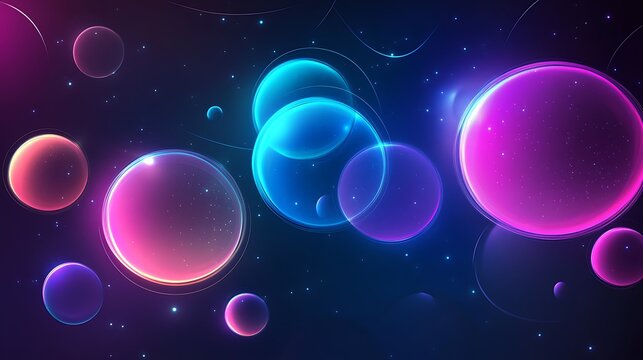 Vibrant glowing neon spheres float in an abstract cosmic space, creating a futuristic and ethereal background with vivid light trails and stars